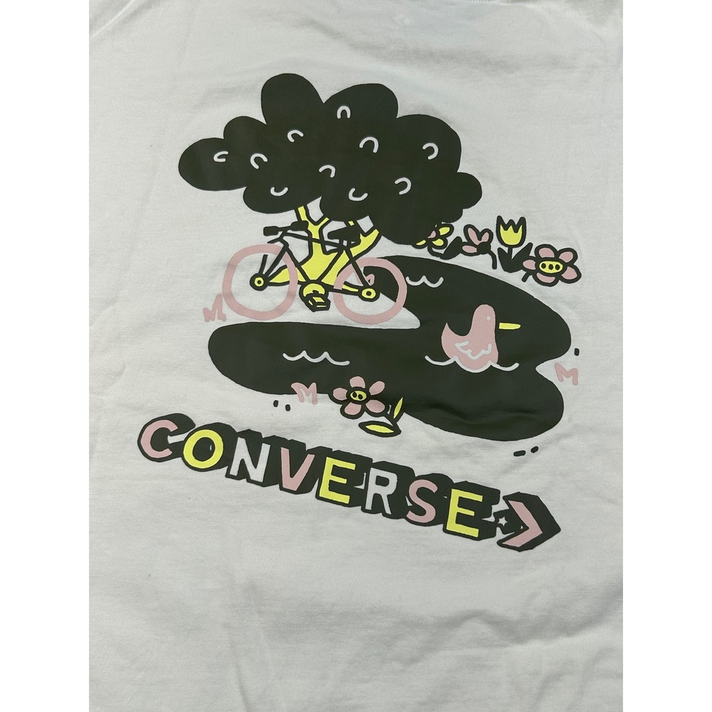Converse Womens Graphic T-Shirt Cream Bicycle Duck Pond Short Sleeve Small #0720